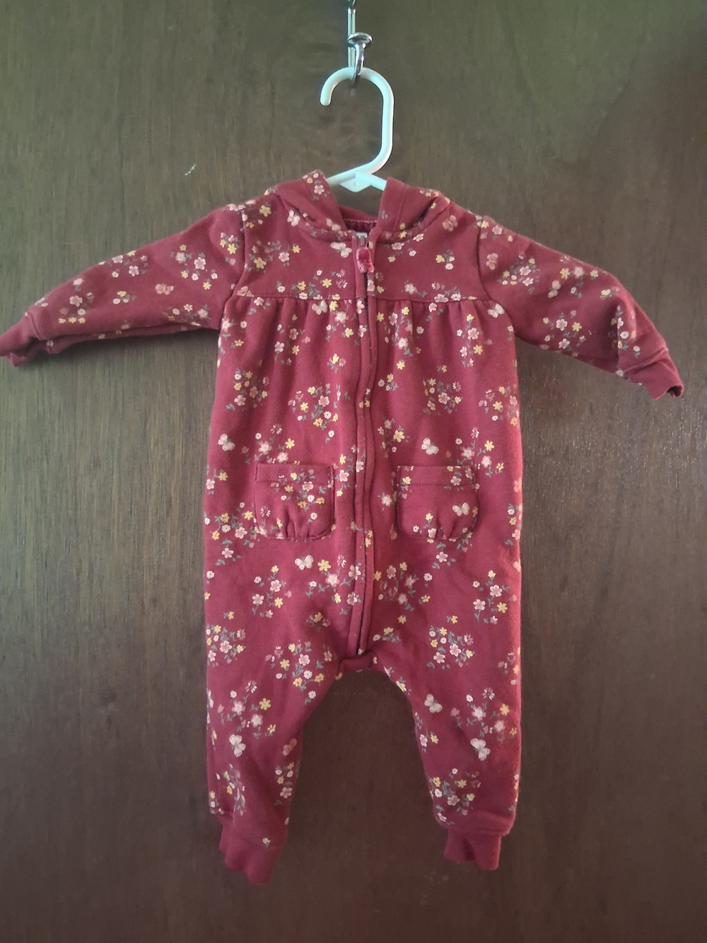 Carter's Burgundy Floral Zip-Up Hooded One-Piece Footie
